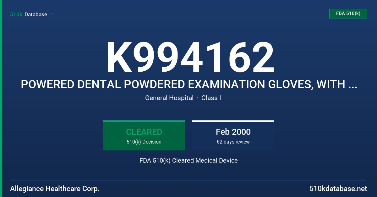 K994162 POWERED DENTAL POWDERED EXAMINATION GLOVES, WITH PROTEIN CONTENT LABELING CLAIM (75 MICROGRAMS OR LESS) FDA 510(k) Cleared Medical Device