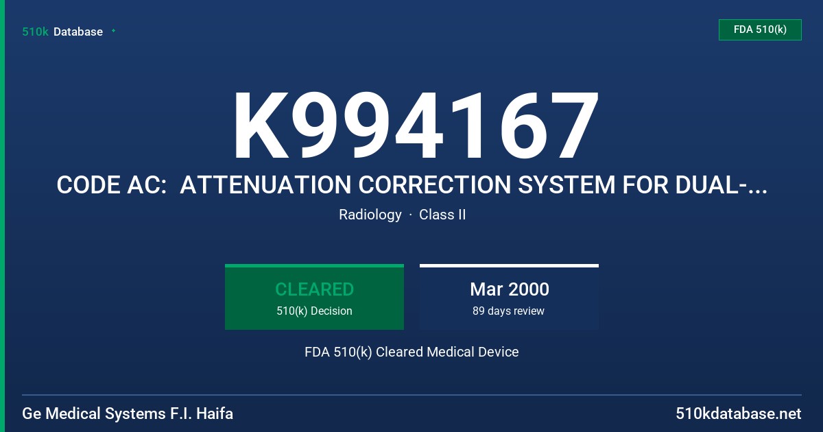 K994167 CODE AC:  ATTENUATION CORRECTION SYSTEM FOR DUAL-HEAD VARIABLE-ANGLE GAMMA CAMERA WITH COINCIDENCE OPTION (CODE) FDA 510(k) Cleared Medical Device