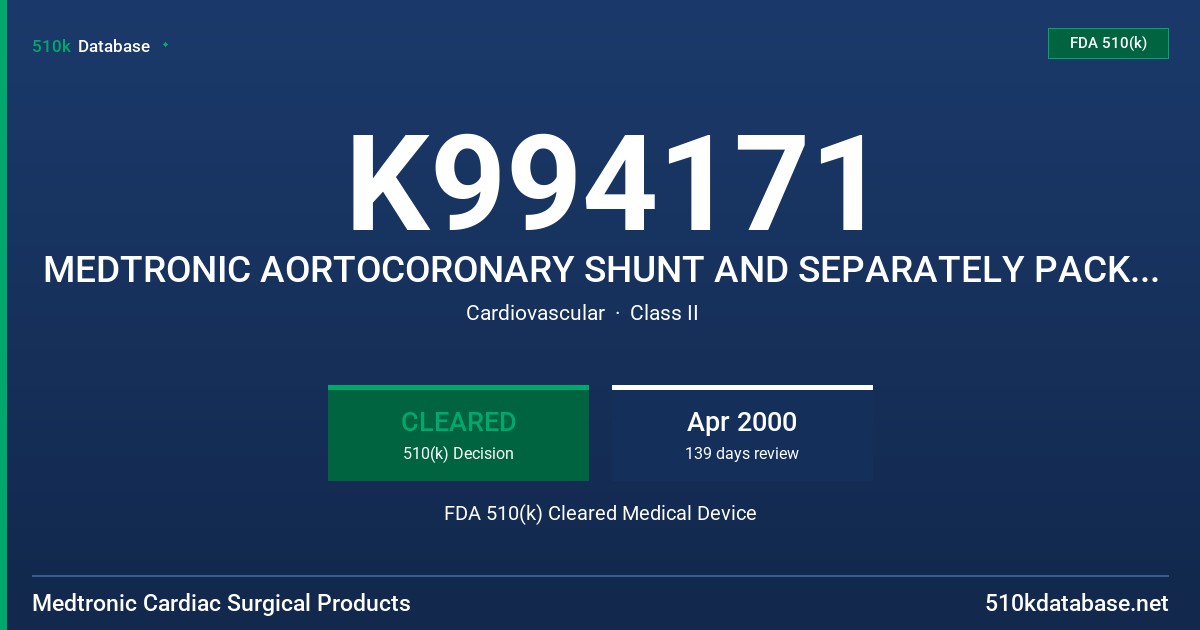 K994171 MEDTRONIC AORTOCORONARY SHUNT AND SEPARATELY PACKAGED ARTERIOTOMY CANNULAE FDA 510(k) Cleared Medical Device