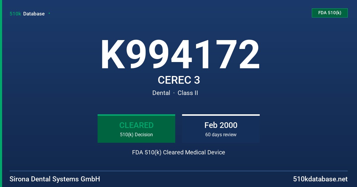 K994172 CEREC 3 FDA 510(k) Cleared Medical Device