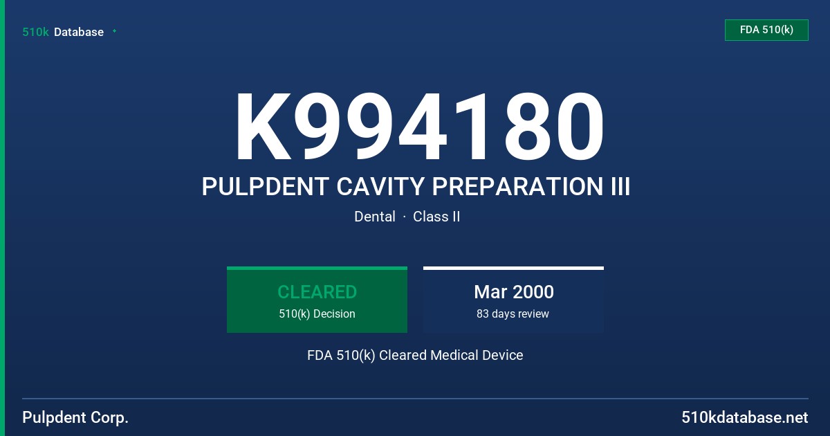 K994180 PULPDENT CAVITY PREPARATION III FDA 510(k) Cleared Medical Device