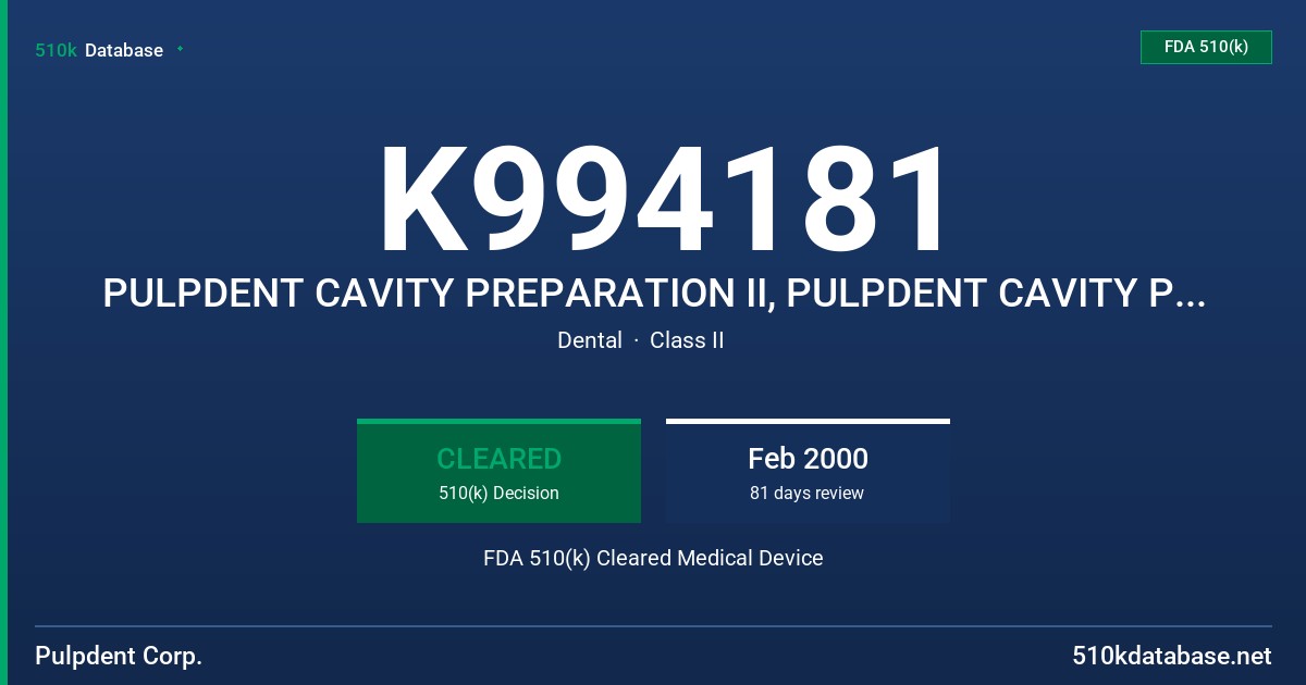 K994181 PULPDENT CAVITY PREPARATION II, PULPDENT CAVITY PREPARATION II WUTH FLUORIDE FDA 510(k) Cleared Medical Device