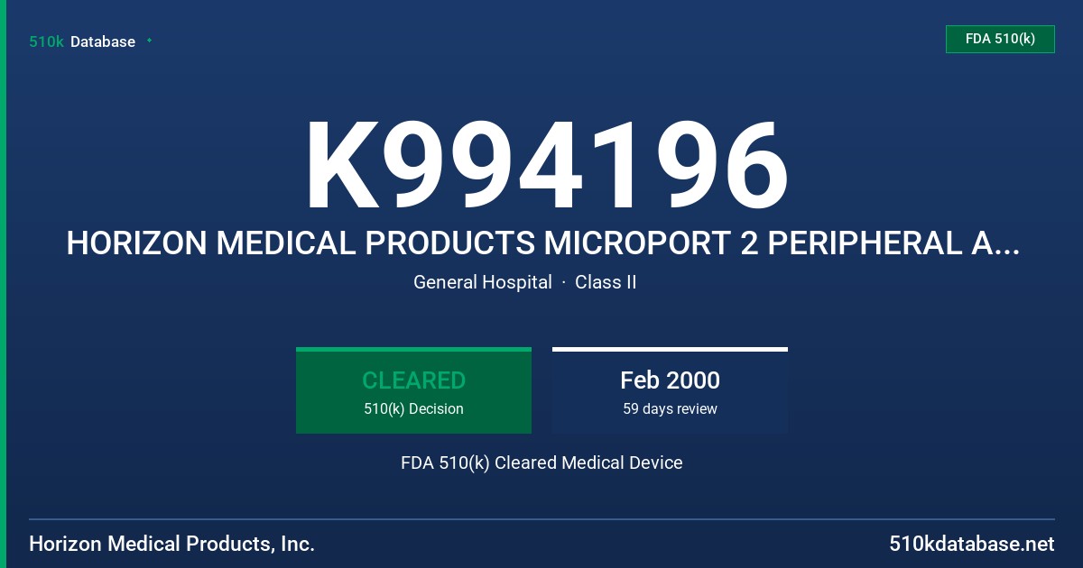 K994196 HORIZON MEDICAL PRODUCTS MICROPORT 2 PERIPHERAL ACCESS PORT SYSTEM FDA 510(k) Cleared Medical Device