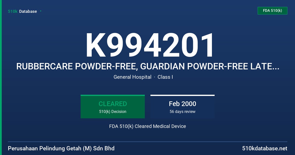 K994201 RUBBERCARE POWDER-FREE, GUARDIAN POWDER-FREE LATEX EXAM GLOVES WITH PROTEIN LABELING CLAIM (50 MICROGRAMS OR LESS) FDA 510(k) Cleared Medical Device