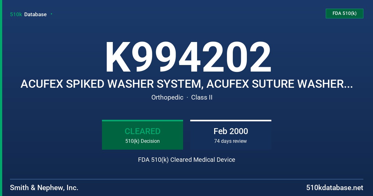 K994202 ACUFEX SPIKED WASHER SYSTEM, ACUFEX SUTURE WASHER SYSTEM, ACUFEX CANCELLOUS SCREW AND SPIKED WASHER SYSTEM FDA 510(k) Cleared Medical Device