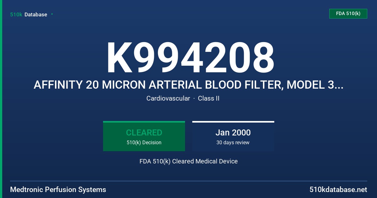 K994208 AFFINITY 20 MICRON ARTERIAL BLOOD FILTER, MODEL 353/354 FDA 510(k) Cleared Medical Device