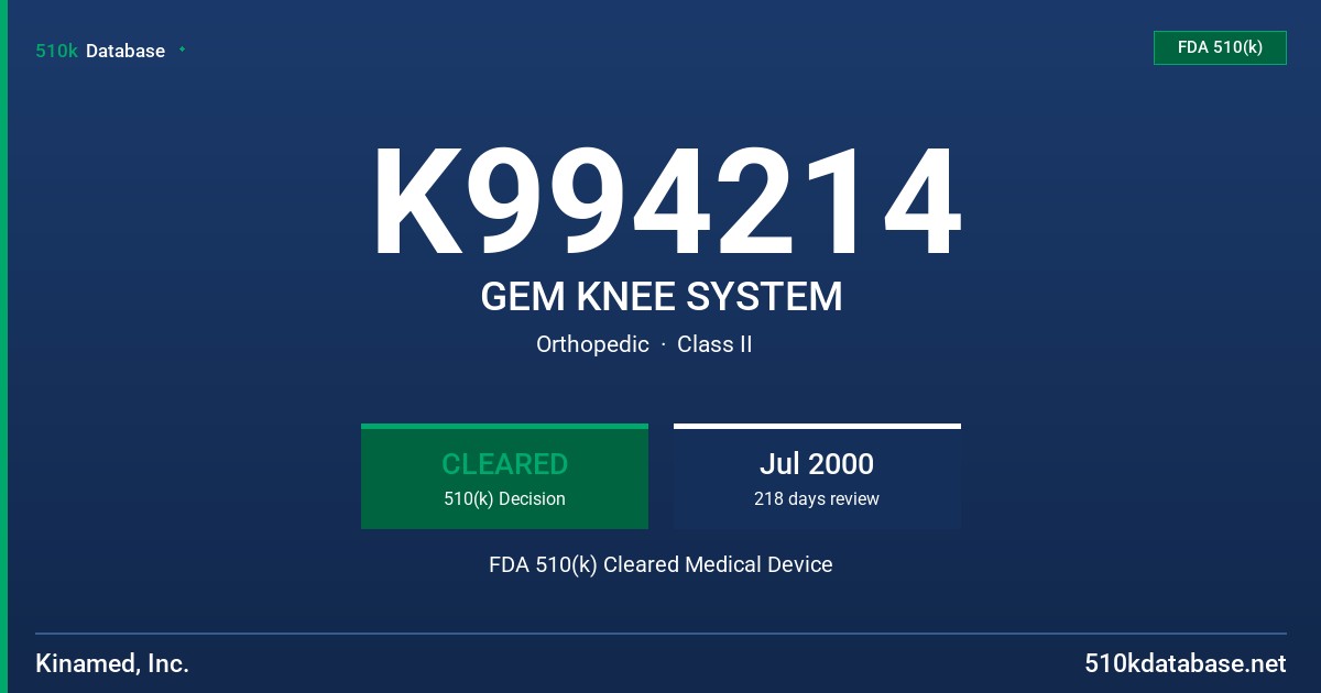 K994214 GEM KNEE SYSTEM FDA 510(k) Cleared Medical Device