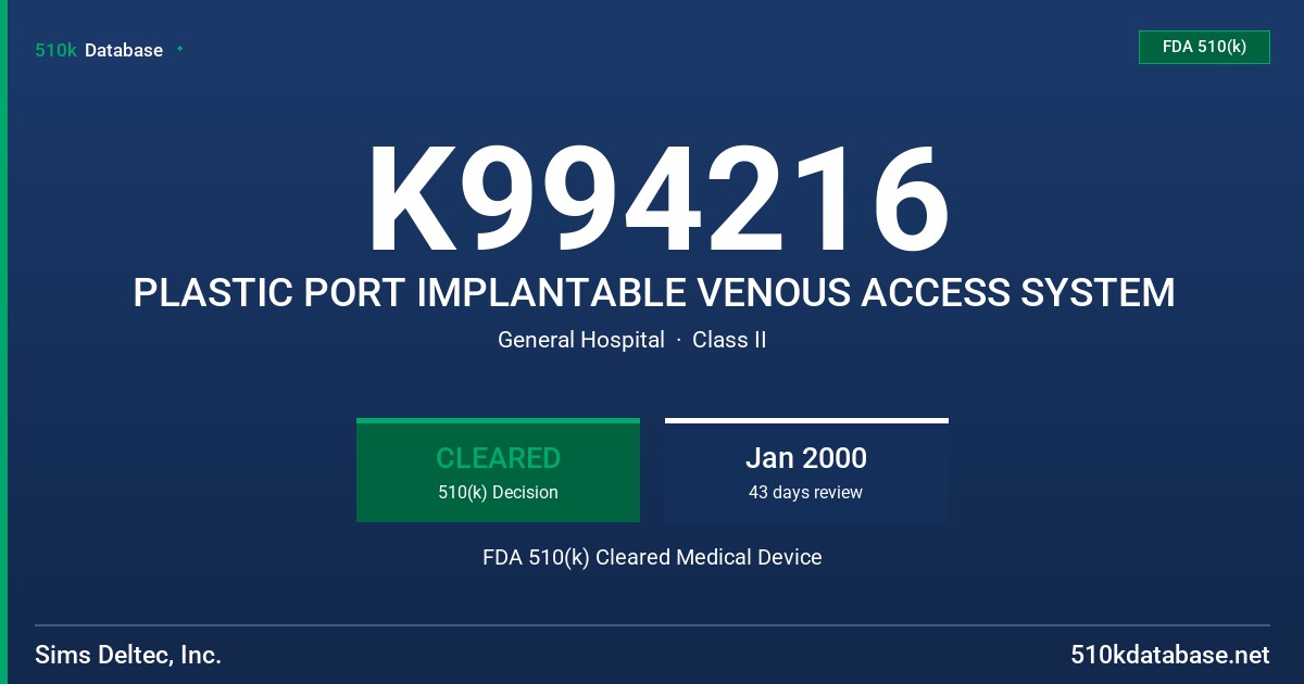 K994216 PLASTIC PORT IMPLANTABLE VENOUS ACCESS SYSTEM FDA 510(k) Cleared Medical Device