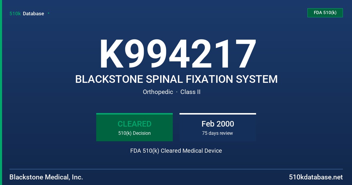 K994217 BLACKSTONE SPINAL FIXATION SYSTEM FDA 510(k) Cleared Medical Device