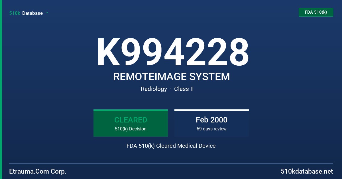 K994228 REMOTEIMAGE SYSTEM FDA 510(k) Cleared Medical Device