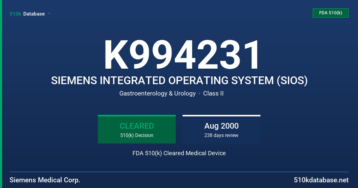 K994231 SIEMENS INTEGRATED OPERATING SYSTEM (SIOS) FDA 510(k) Cleared Medical Device