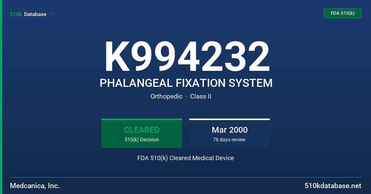 K994232 PHALANGEAL FIXATION SYSTEM FDA 510(k) Cleared Medical Device
