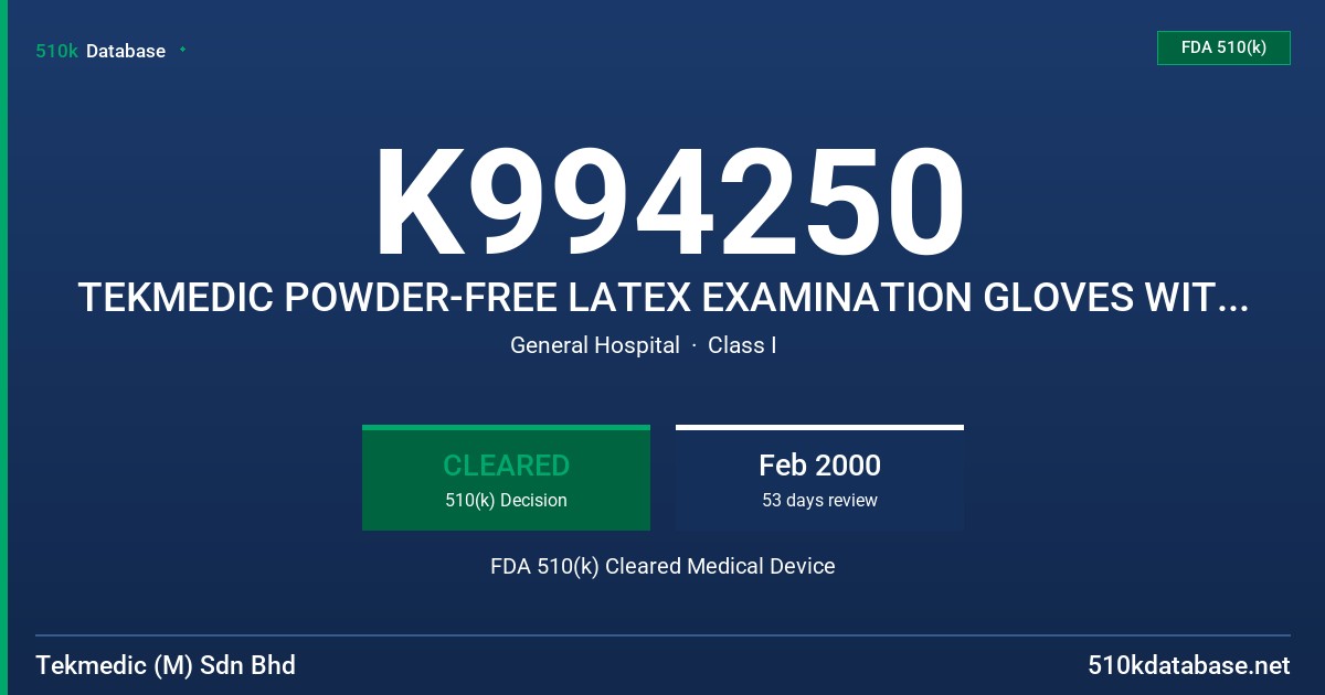 K994250 TEKMEDIC POWDER-FREE LATEX EXAMINATION GLOVES WITH PROTEIN CONTENT LABELING CLAIM (50 MICROGRAMS OR LESS) FDA 510(k) Cleared Medical Device