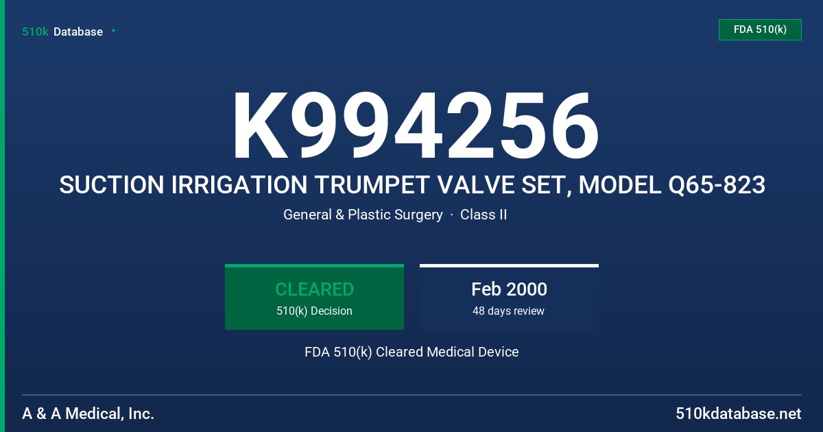 K994256 SUCTION IRRIGATION TRUMPET VALVE SET, MODEL Q65-823 FDA 510(k) Cleared Medical Device
