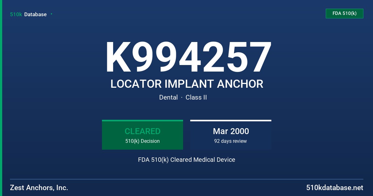 K994257 LOCATOR IMPLANT ANCHOR FDA 510(k) Cleared Medical Device
