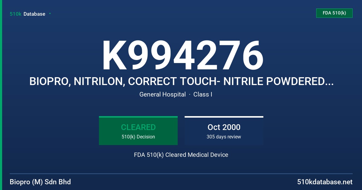 K994276 BIOPRO, NITRILON, CORRECT TOUCH- NITRILE POWDERED EXAMINATION GLOVES (GREEN/ PURPLE) FDA 510(k) Cleared Medical Device