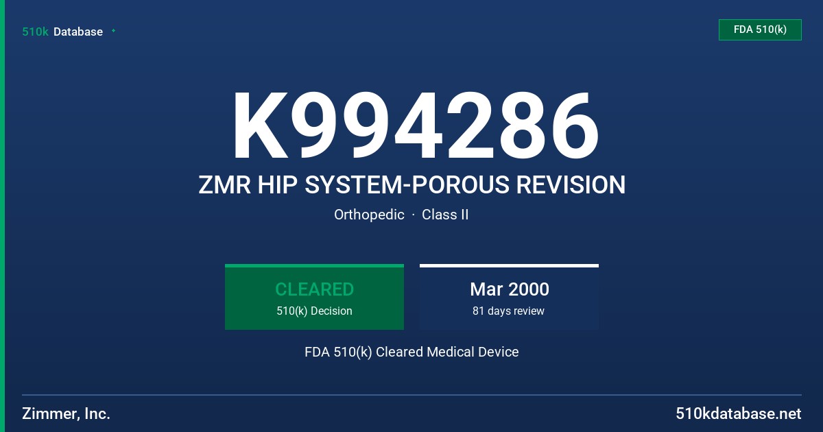 K994286 ZMR HIP SYSTEM-POROUS REVISION FDA 510(k) Cleared Medical Device