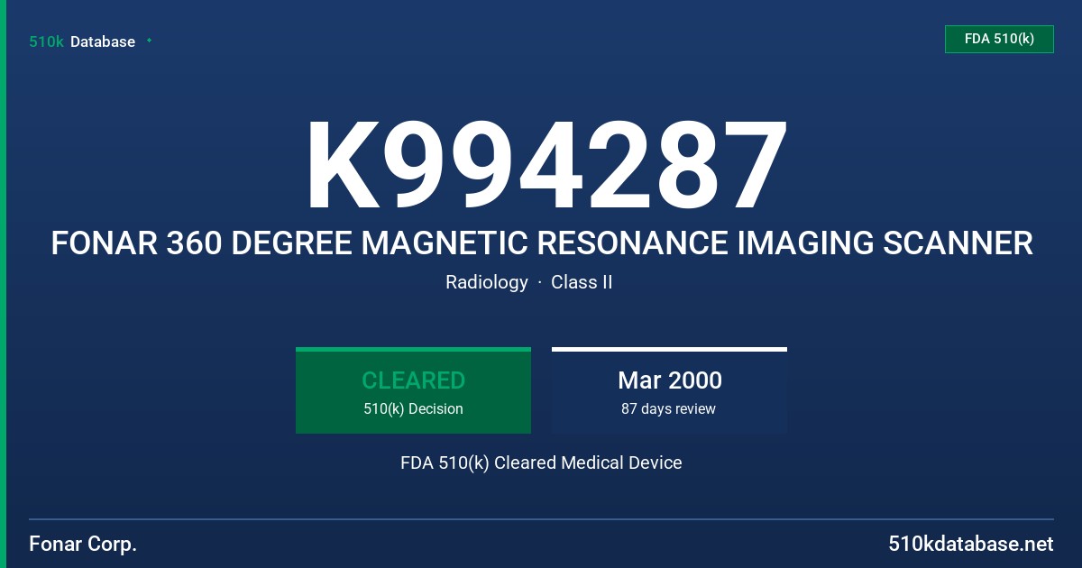 K994287 FONAR 360 DEGREE MAGNETIC RESONANCE IMAGING SCANNER FDA 510(k) Cleared Medical Device
