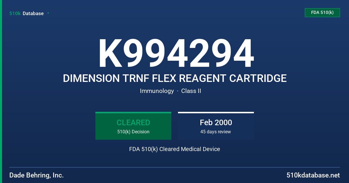 K994294 DIMENSION TRNF FLEX REAGENT CARTRIDGE FDA 510(k) Cleared Medical Device