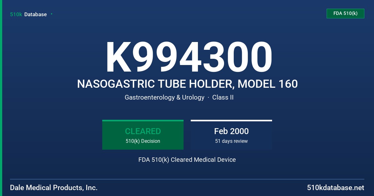 K994300 NASOGASTRIC TUBE HOLDER, MODEL 160 FDA 510(k) Cleared Medical Device
