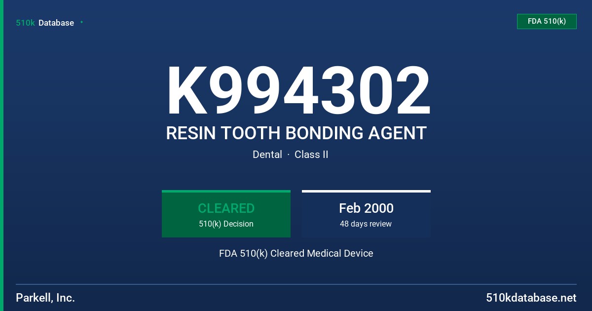 K994302 RESIN TOOTH BONDING AGENT FDA 510(k) Cleared Medical Device