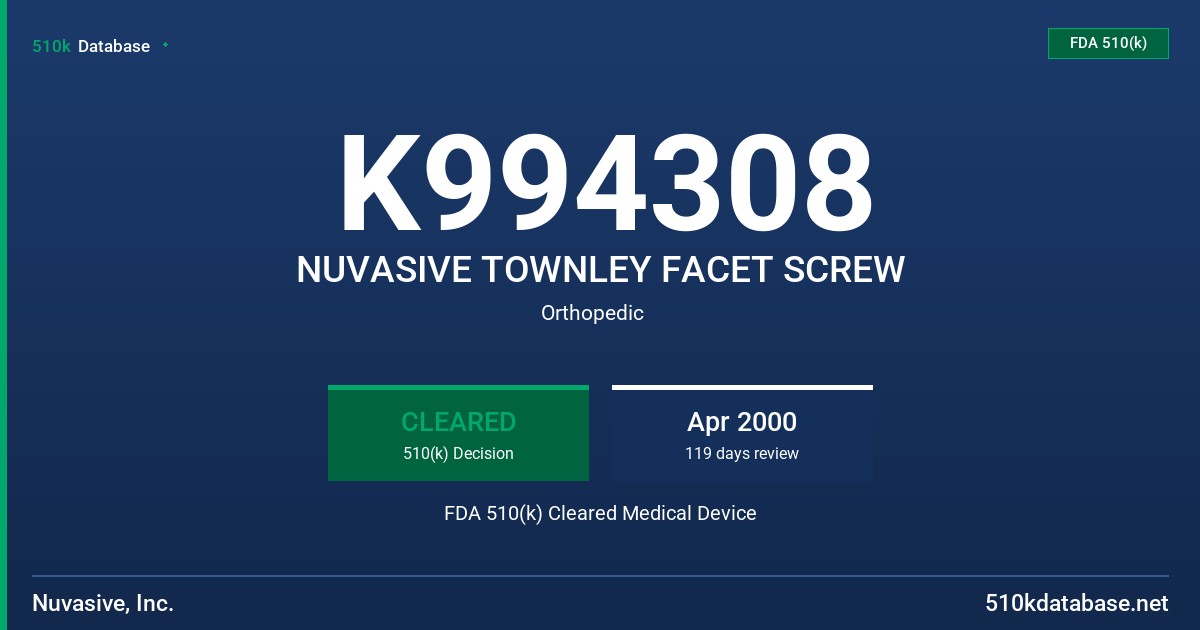 K994308 NUVASIVE TOWNLEY FACET SCREW FDA 510(k) Cleared Medical Device