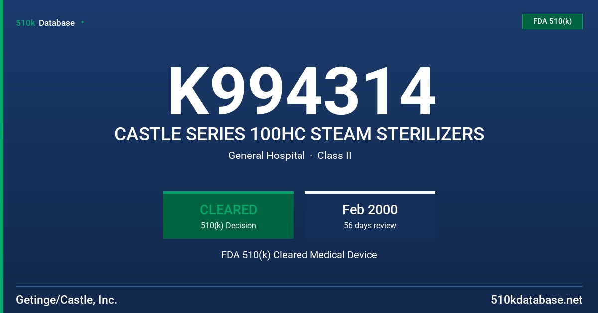 K994314 CASTLE SERIES 100HC STEAM STERILIZERS FDA 510(k) Cleared Medical Device