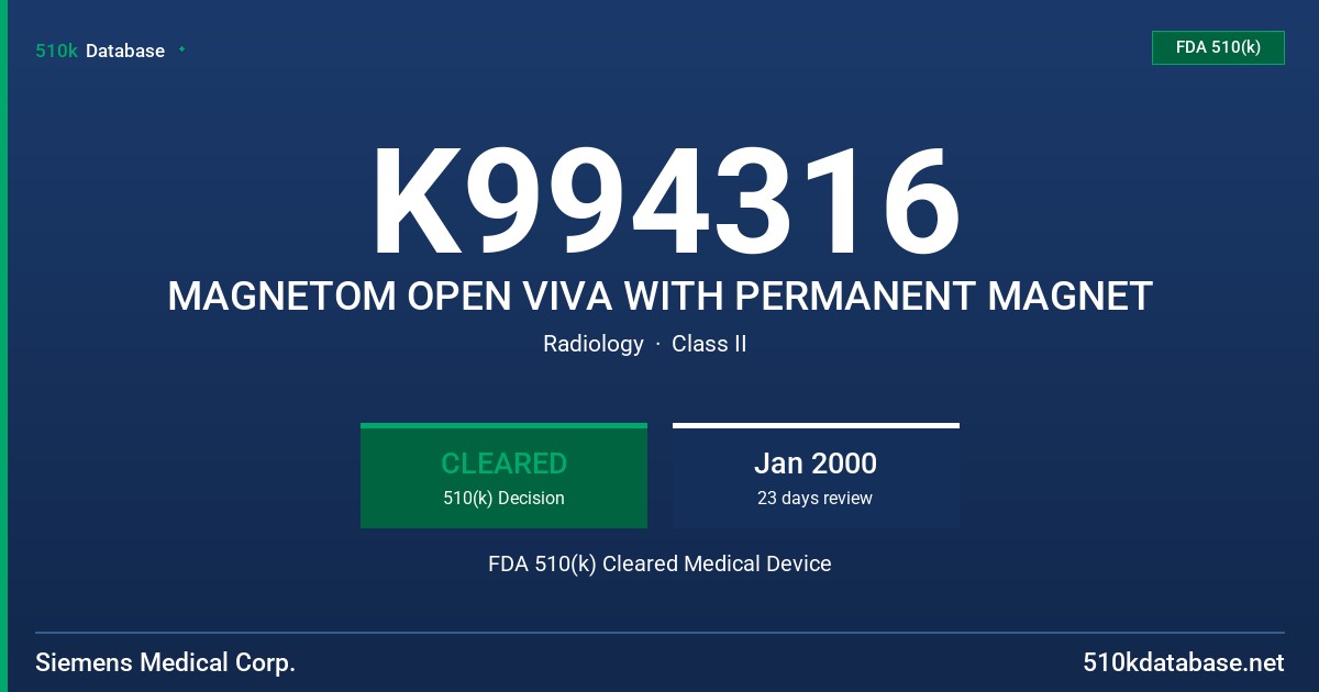 K994316 MAGNETOM OPEN VIVA WITH PERMANENT MAGNET FDA 510(k) Cleared Medical Device