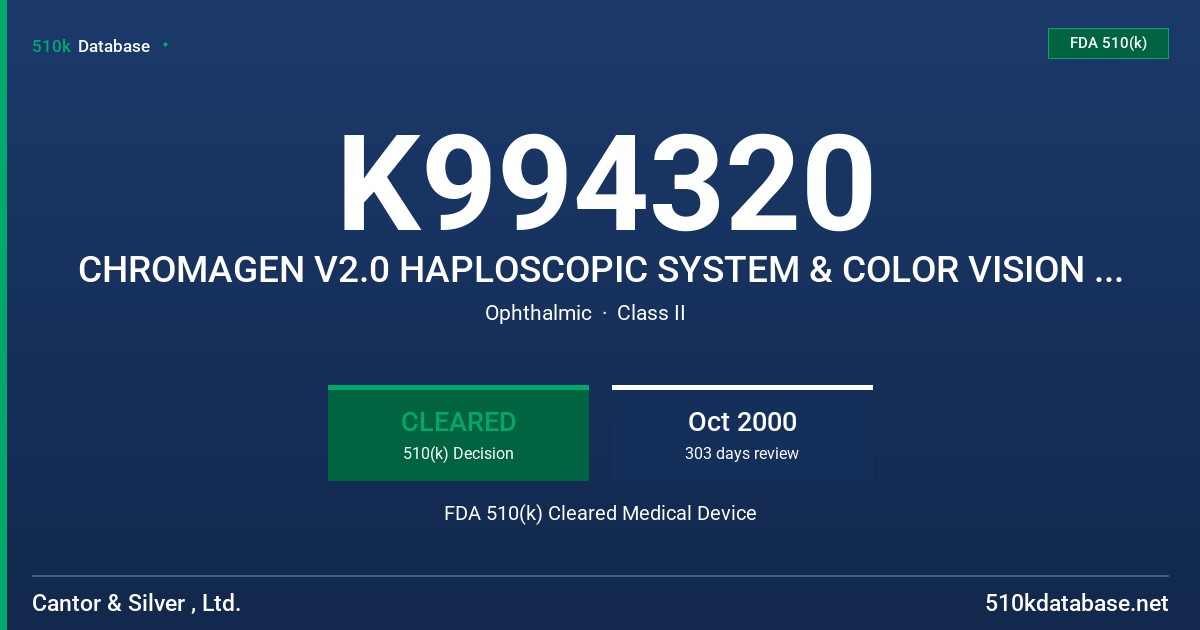 K994320 CHROMAGEN V2.0 HAPLOSCOPIC SYSTEM & COLOR VISION ENHANCEMENT SOFT CONTACT LENSES FDA 510(k) Cleared Medical Device