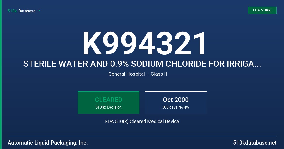K994321 STERILE WATER AND 0.9% SODIUM CHLORIDE FOR IRRIGATION, USP FDA 510(k) Cleared Medical Device