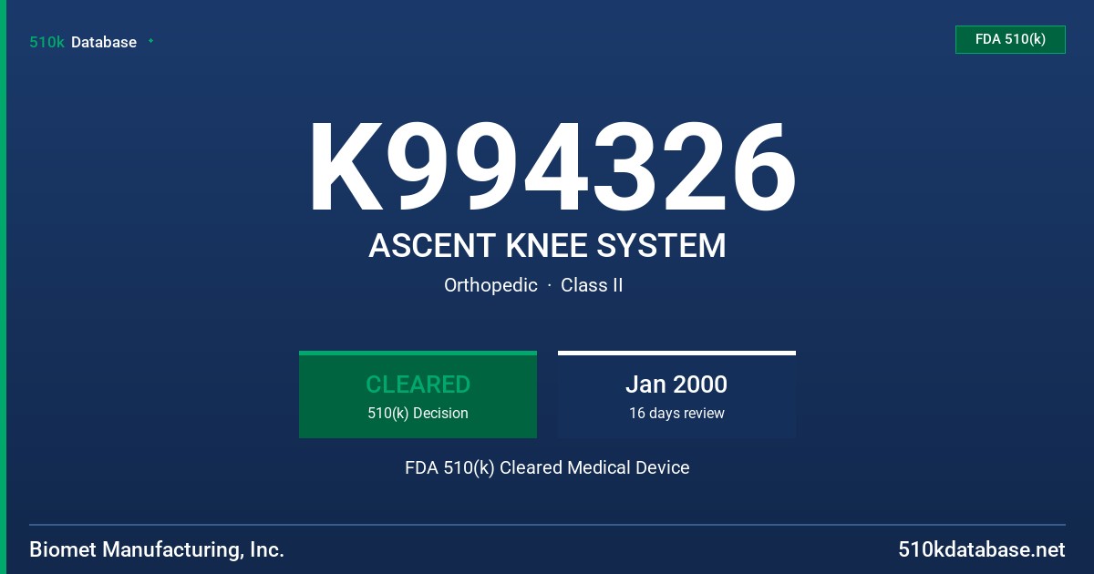 K994326 ASCENT KNEE SYSTEM FDA 510(k) Cleared Medical Device