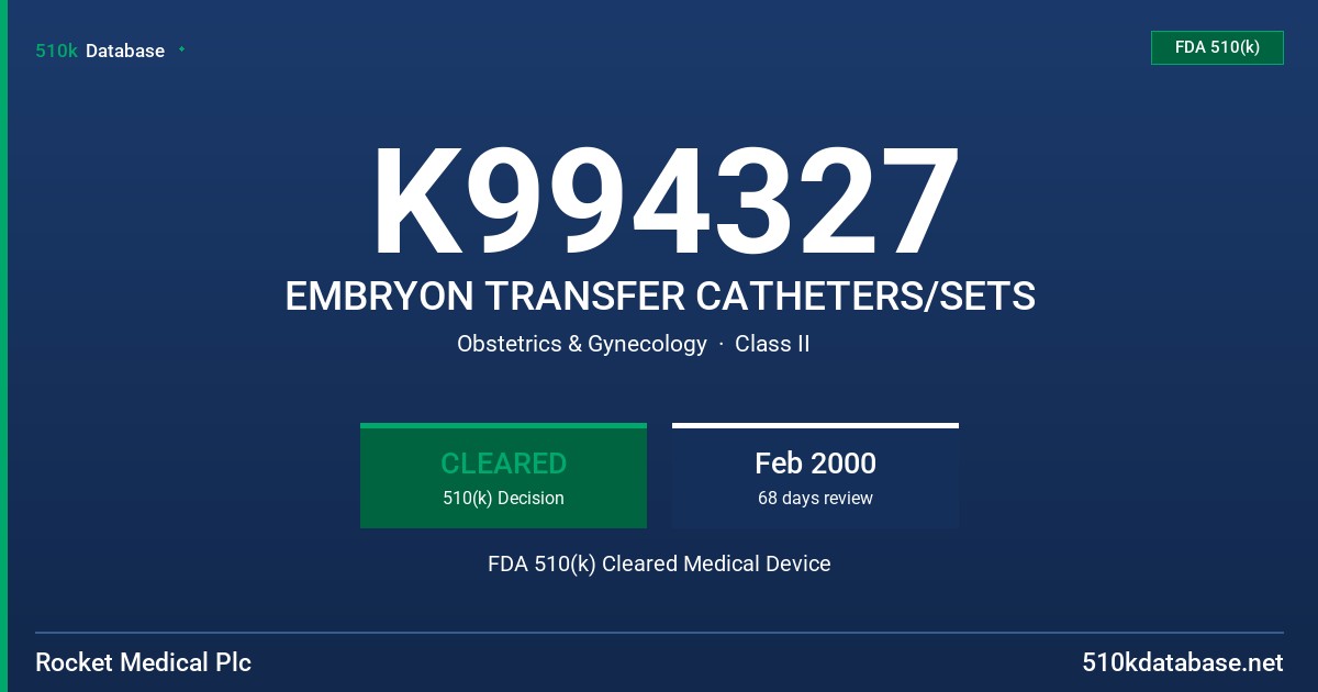 K994327 EMBRYON TRANSFER CATHETERS/SETS FDA 510(k) Cleared Medical Device