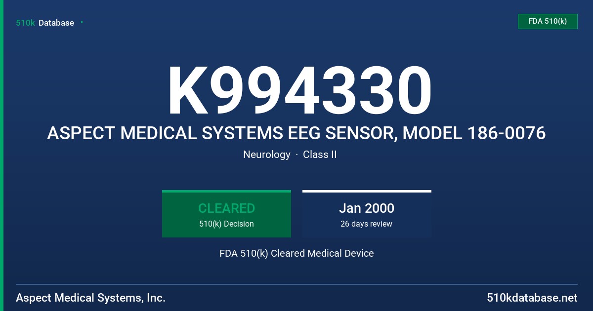 K994330 ASPECT MEDICAL SYSTEMS EEG SENSOR, MODEL 186-0076 FDA 510(k) Cleared Medical Device