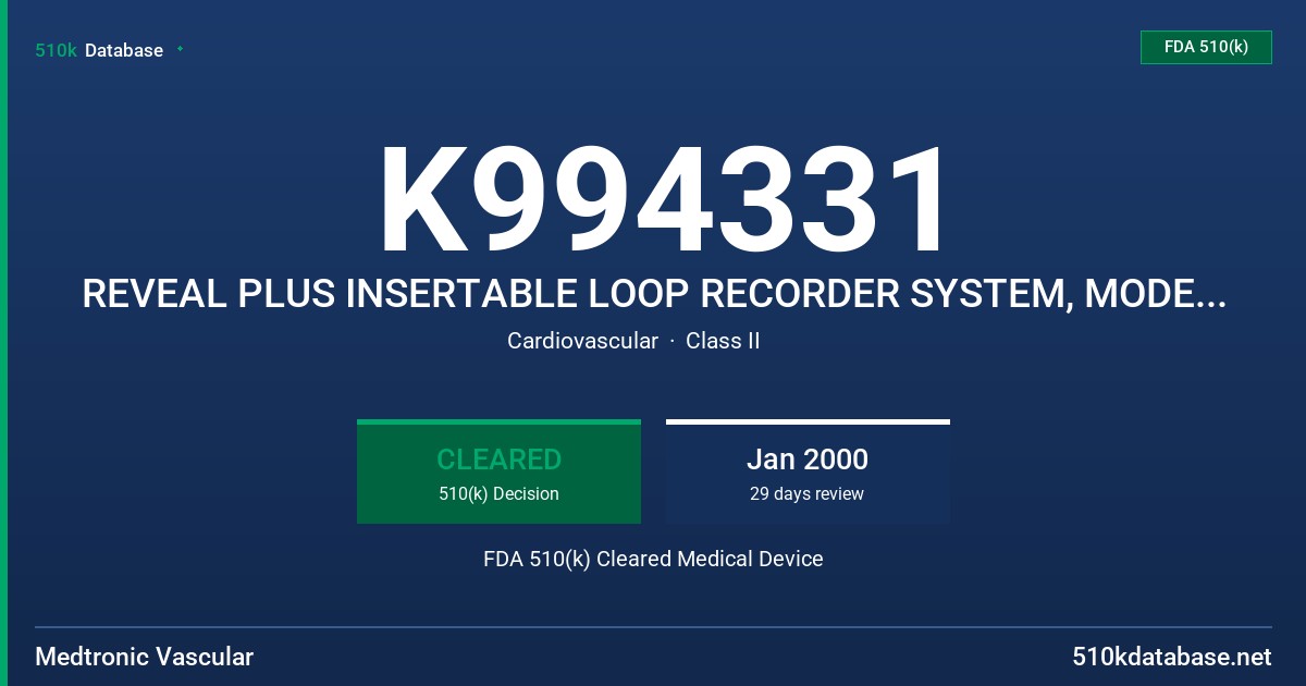 K994331 REVEAL PLUS INSERTABLE LOOP RECORDER SYSTEM, MODEL 9526 IMPLANTED RECORDER AND MODEL 6191 PATIENT ACTIVATOR FDA 510(k) Cleared Medical Device