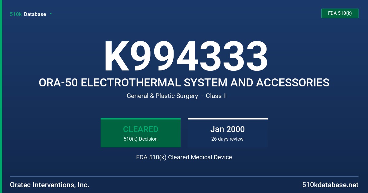 K994333 ORA-50 ELECTROTHERMAL SYSTEM AND ACCESSORIES FDA 510(k) Cleared Medical Device
