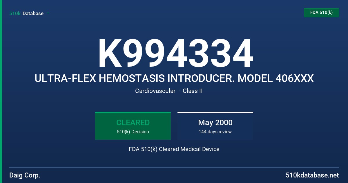 K994334 ULTRA-FLEX HEMOSTASIS INTRODUCER. MODEL 406XXX FDA 510(k) Cleared Medical Device