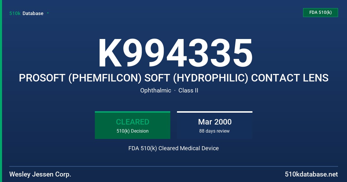 K994335 PROSOFT (PHEMFILCON) SOFT (HYDROPHILIC) CONTACT LENS FDA 510(k) Cleared Medical Device