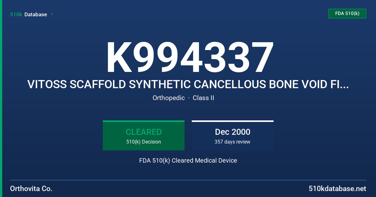 K994337 VITOSS SCAFFOLD SYNTHETIC CANCELLOUS BONE VOID FILLER FDA 510(k) Cleared Medical Device