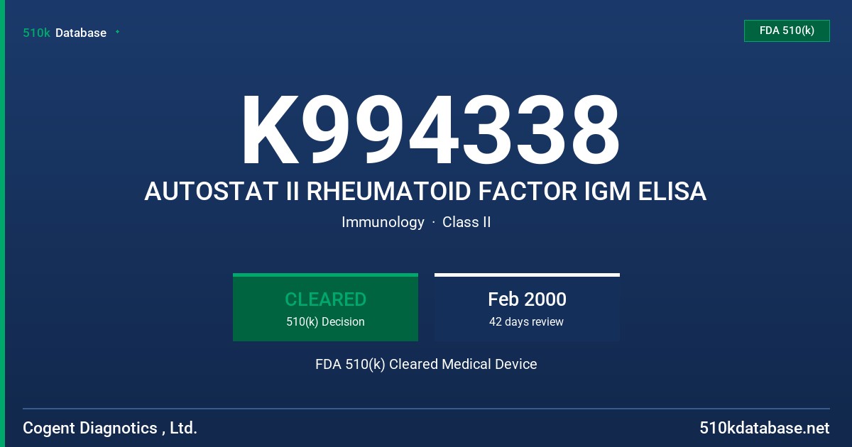 K994338 AUTOSTAT II RHEUMATOID FACTOR IGM ELISA FDA 510(k) Cleared Medical Device