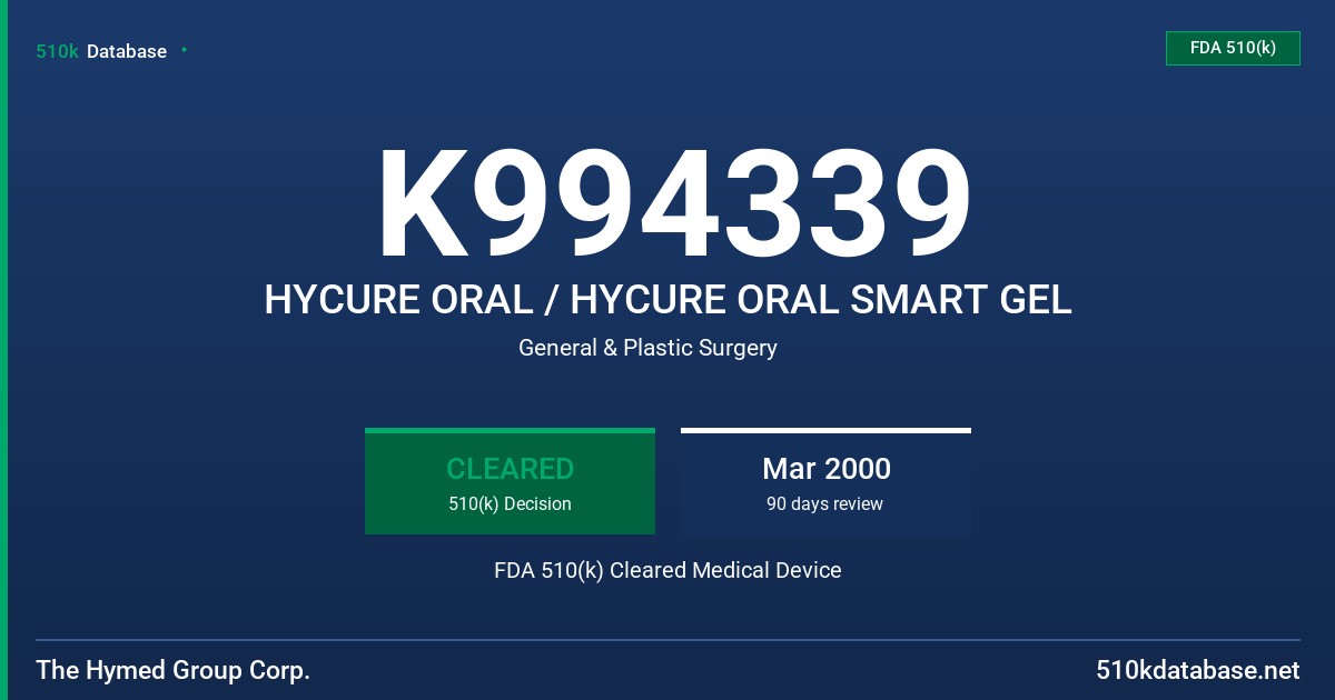 K994339 HYCURE ORAL / HYCURE ORAL SMART GEL FDA 510(k) Cleared Medical Device