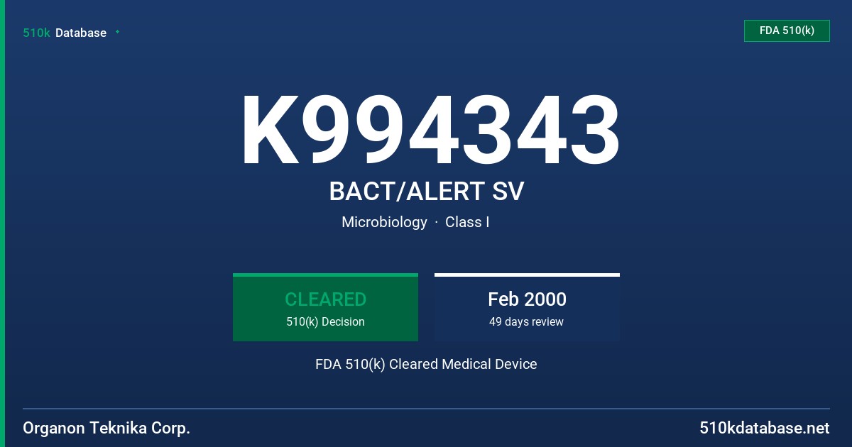 K994343 BACT/ALERT SV FDA 510(k) Cleared Medical Device