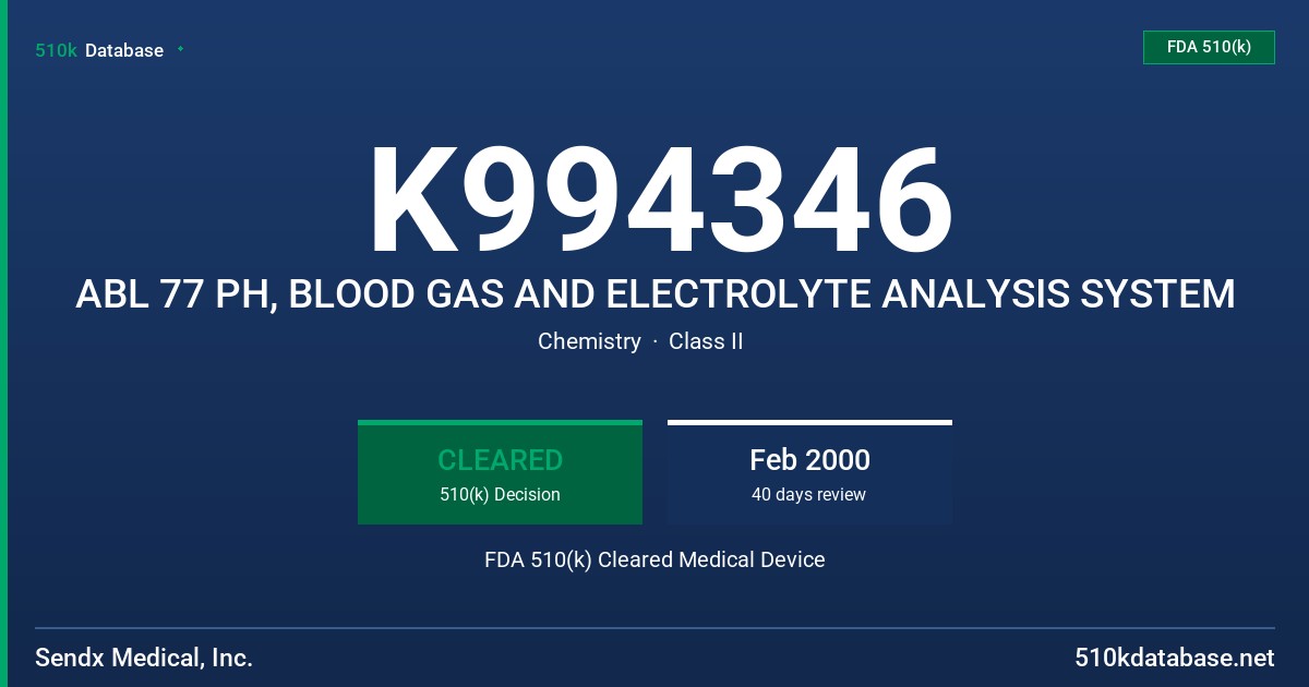 K994346 ABL 77 PH, BLOOD GAS AND ELECTROLYTE ANALYSIS SYSTEM FDA 510(k) Cleared Medical Device