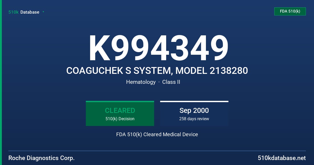 K994349 COAGUCHEK S SYSTEM, MODEL 2138280 FDA 510(k) Cleared Medical Device