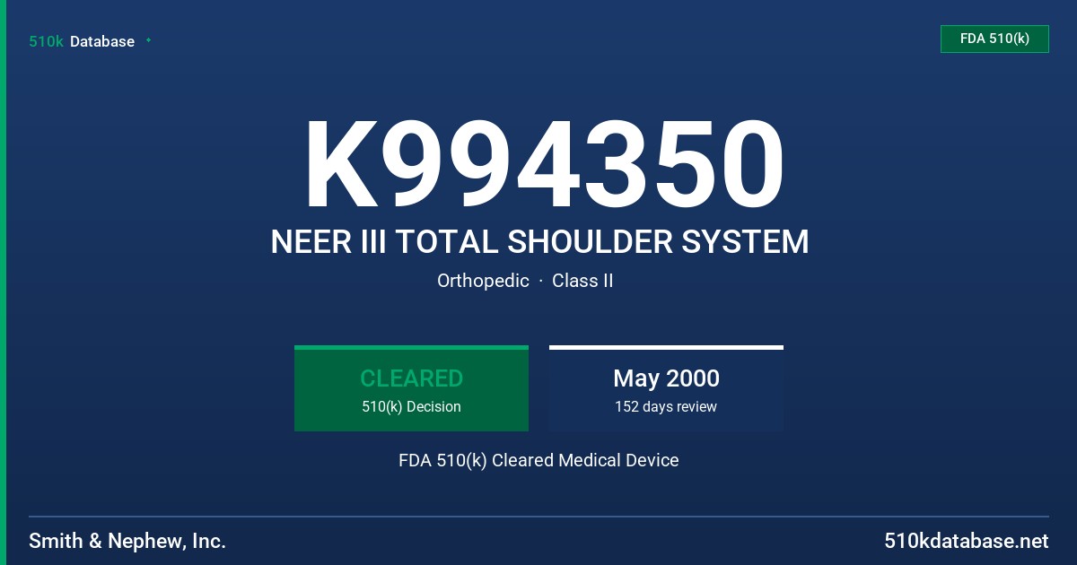 K994350 NEER III TOTAL SHOULDER SYSTEM FDA 510(k) Cleared Medical Device