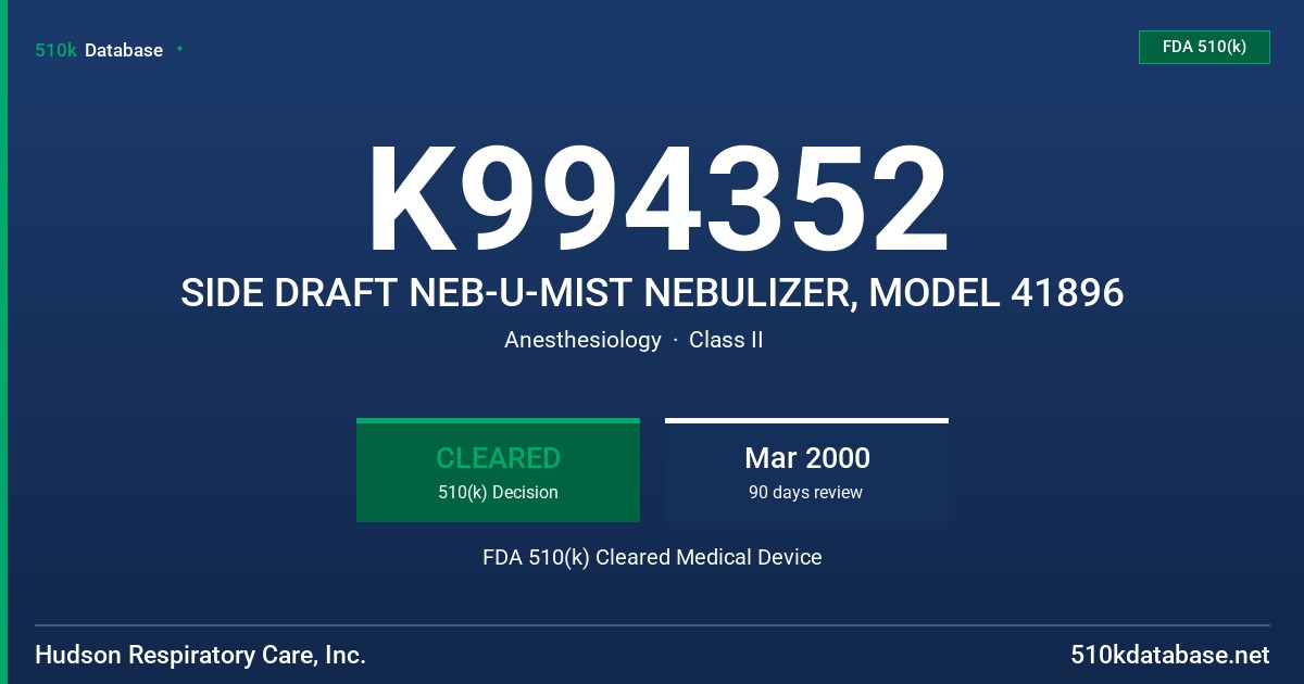 K994352 SIDE DRAFT NEB-U-MIST NEBULIZER, MODEL 41896 FDA 510(k) Cleared Medical Device