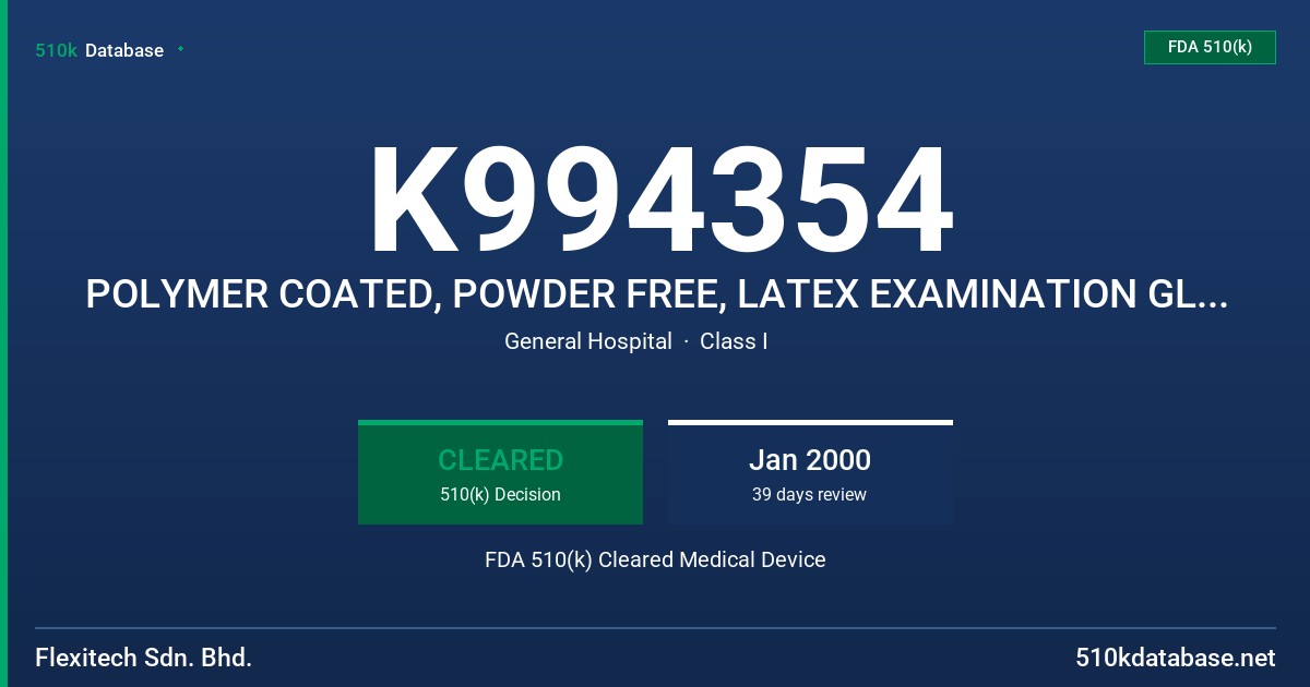 K994354 POLYMER COATED, POWDER FREE, LATEX EXAMINATION GLOVES WITH PROTEIN CONTENT LABELING CLAIM (50 MICROGRAMS OR LESS) FDA 510(k) Cleared Medical Device