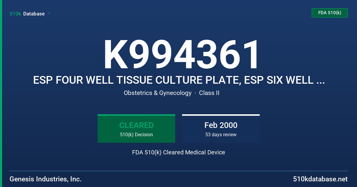 K994361 ESP FOUR WELL TISSUE CULTURE PLATE, ESP SIX WELL TISSUE CULTURE PLATE, ESP MICRO SIX WELL TISSUE CULTURE PLATE, ESP WELL FDA 510(k) Cleared Medical Device