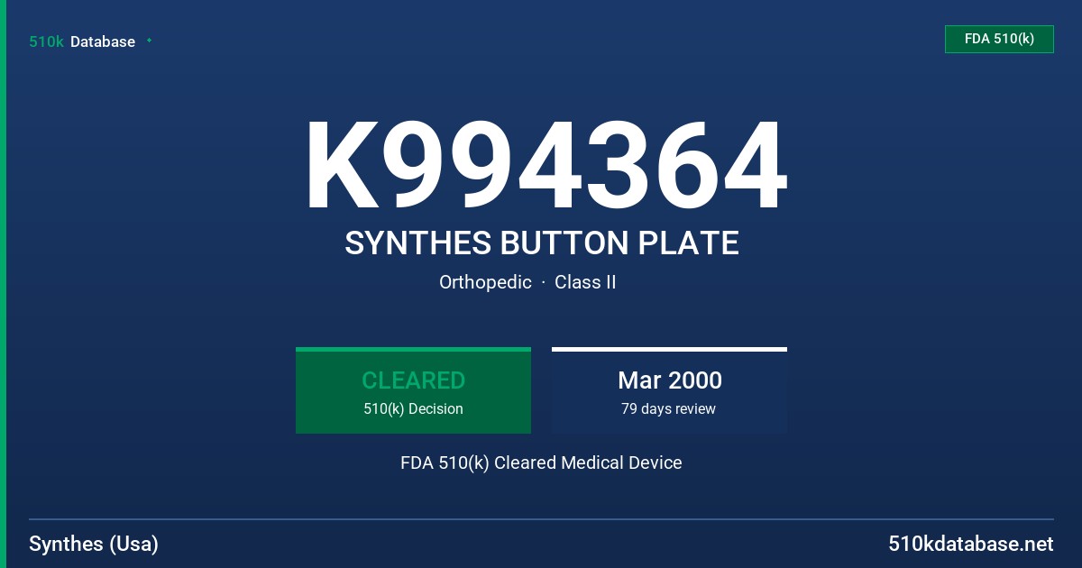 K994364 SYNTHES BUTTON PLATE FDA 510(k) Cleared Medical Device