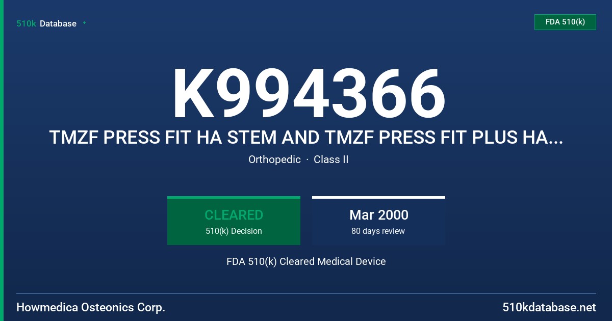 K994366 TMZF PRESS FIT HA STEM AND TMZF PRESS FIT PLUS HA STEM FDA 510(k) Cleared Medical Device