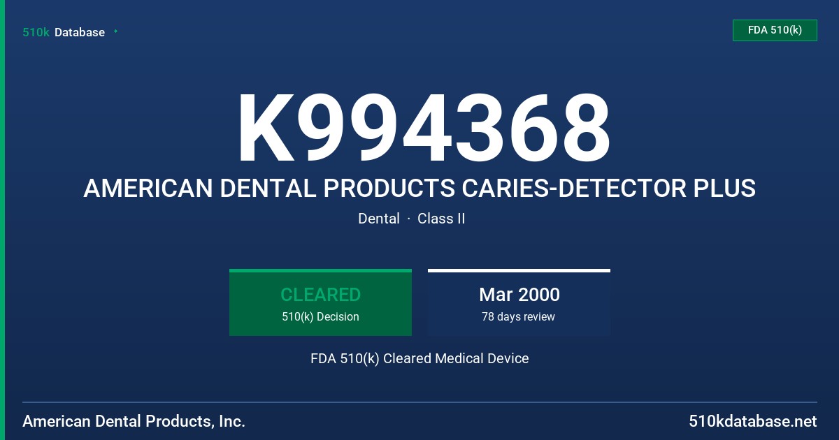 K994368 AMERICAN DENTAL PRODUCTS CARIES-DETECTOR PLUS FDA 510(k) Cleared Medical Device